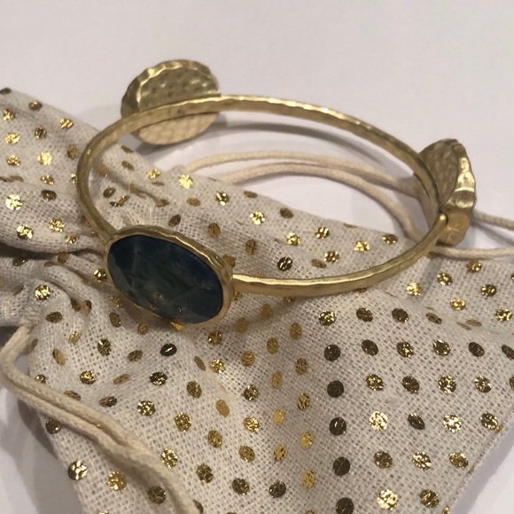 Gold Hammered Bangle Bracelet with Blue Stones - Picture 3 of 7